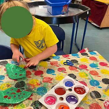 Plentyn yn peintio gyda bys yn y dosbarth