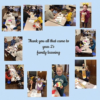 Collection of images with a note 'thank you all that came to year 2's family learning'